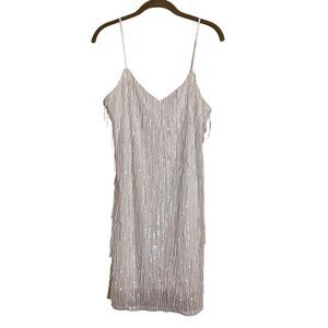 Francesca's Mi Ami White Spaghetti Strap Tassel Sequin Fringe Slip Dress Short L